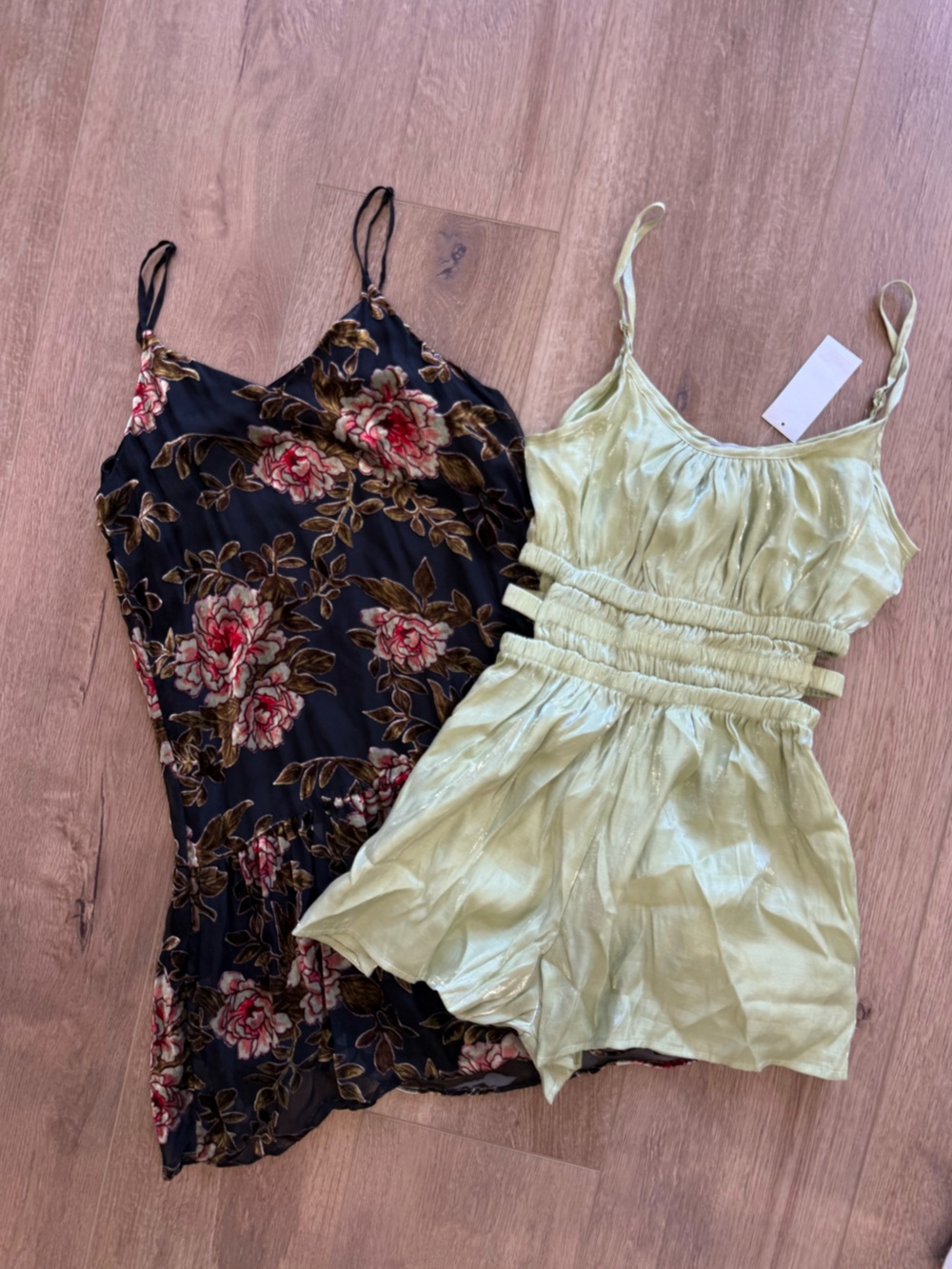 Light Green Satin Ruched Romper and Spaghetti Strap Velvet Dress- Women